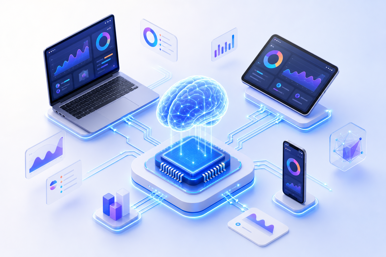 3D illustration of AI-powered software solutions with glowing brain chip